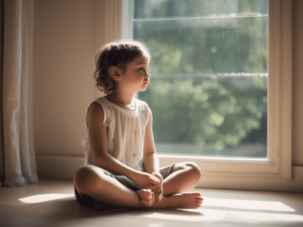 Enfant assis près d'une fenêtre, regardant au dehors